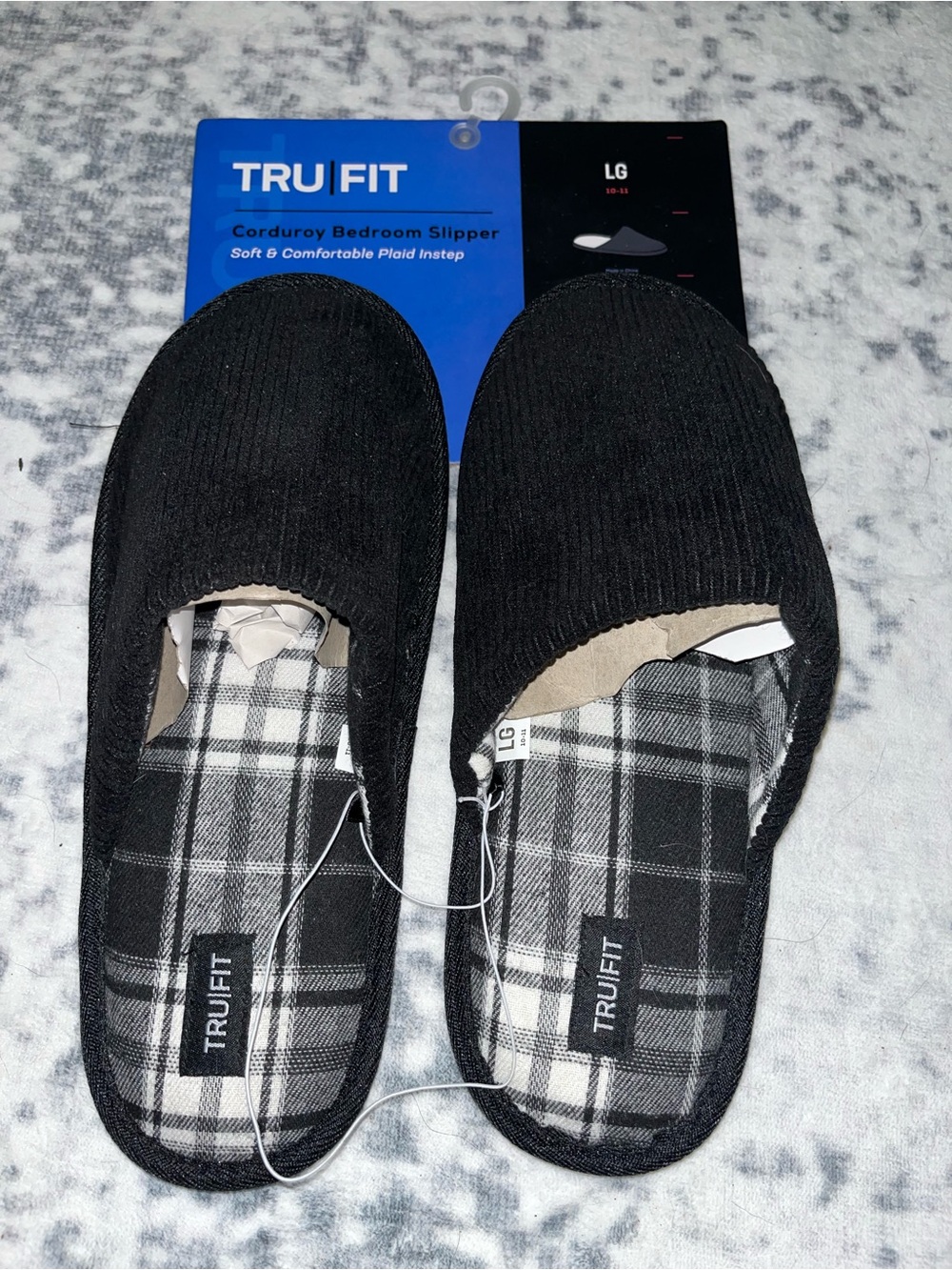 TruFit Corduroy Black Slippers Men's House Shoes Plaid Lining Slip On Size L NWT